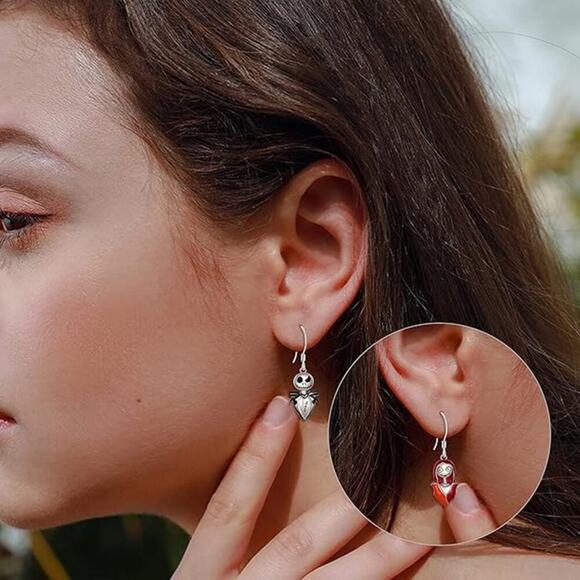 Jack Skellington And Sally Earrings Sterling Silver Skull Nightmare Earrings - Picture 5 of 5